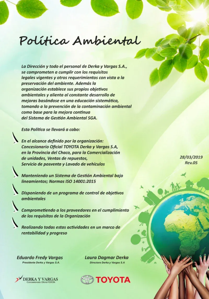 Política Ambiental de Derka y Vargas S.A., firmada por Eduardo Fredy Vargas y Laura Dagmar Derka